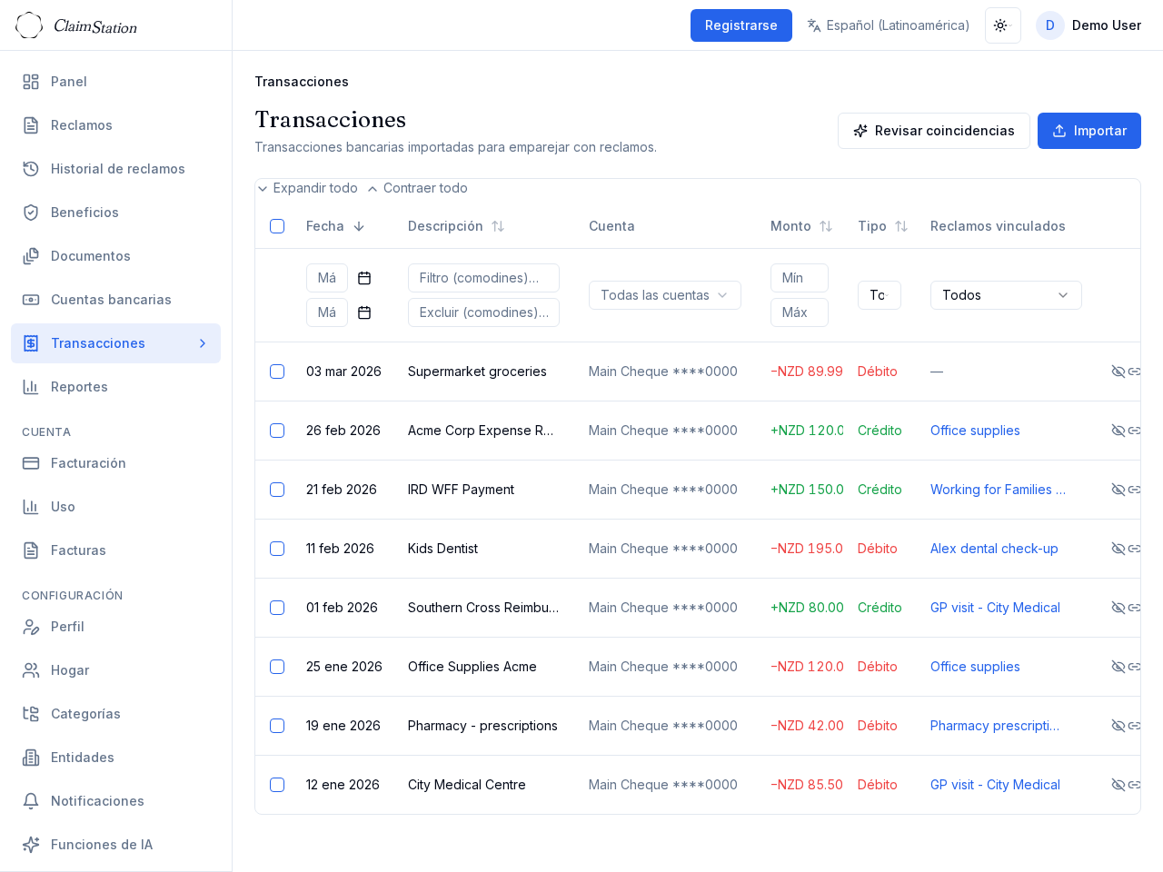 Vista de transacciones de ClaimStation